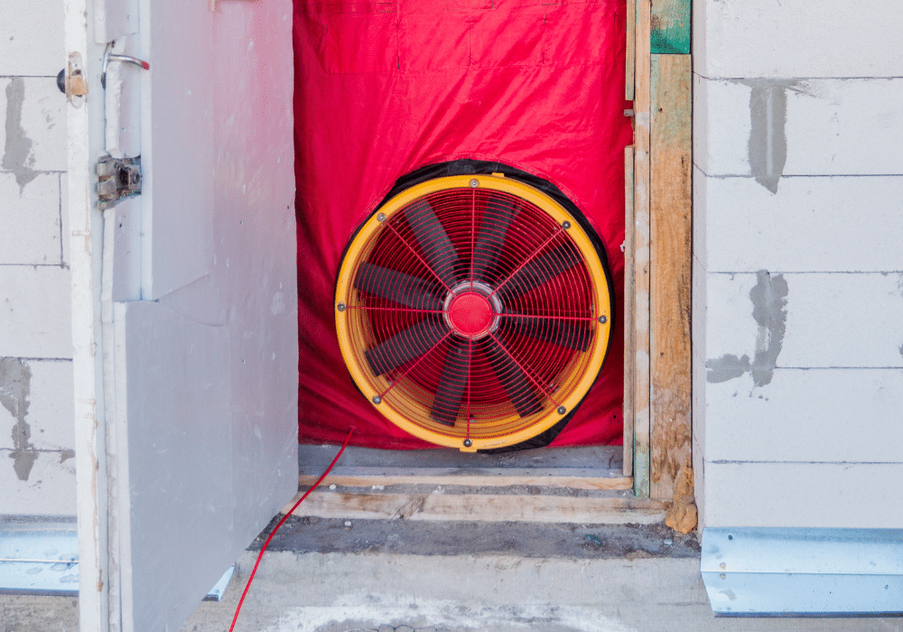Airtightness testing equipment in use on site