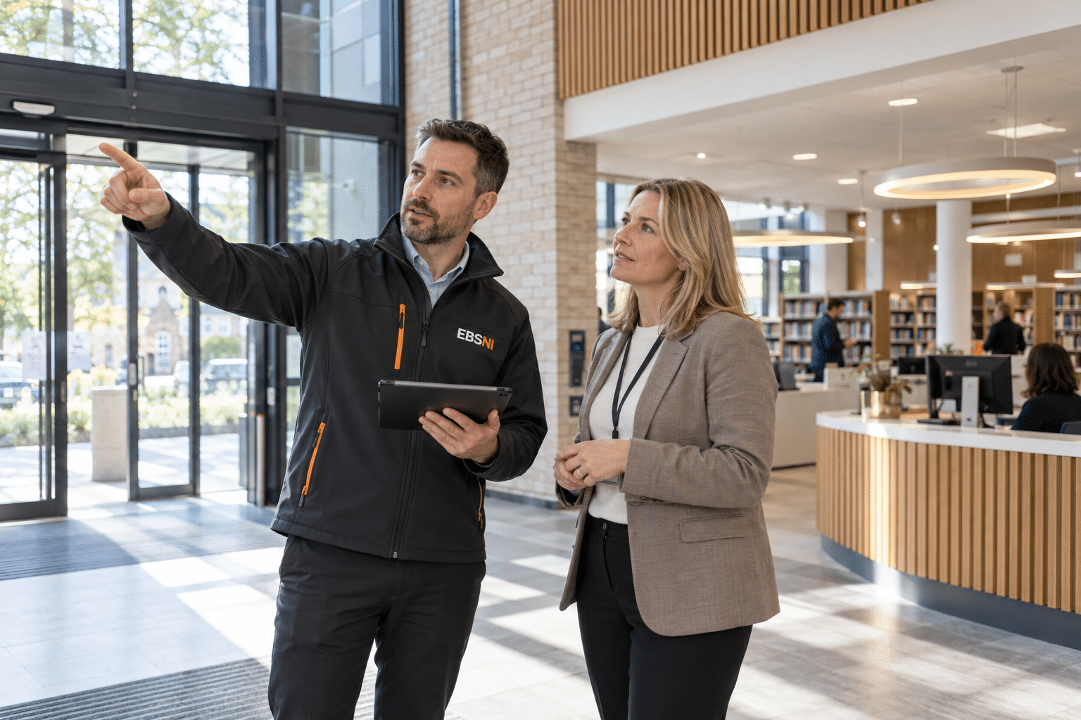 Illustrative EBSNI-branded assessor and facilities manager reviewing a public building