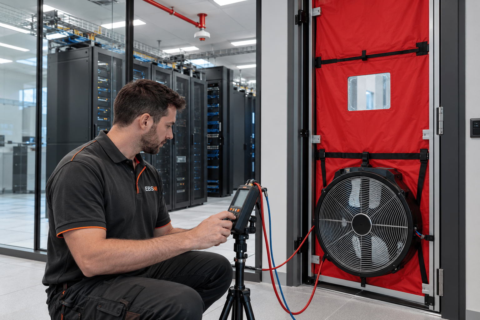 Illustrative EBSNI-branded technician carrying out a door-fan test at a fictional server room