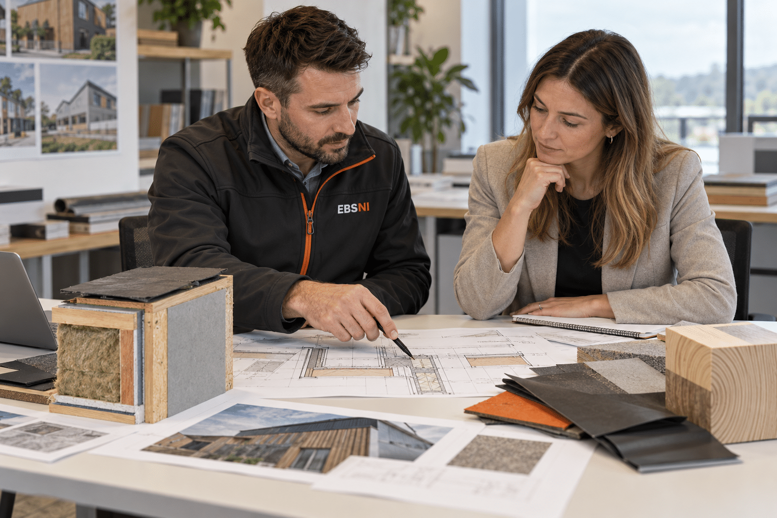 Illustrative EBSNI-branded assessor reviewing construction layers, drawings and insulation samples