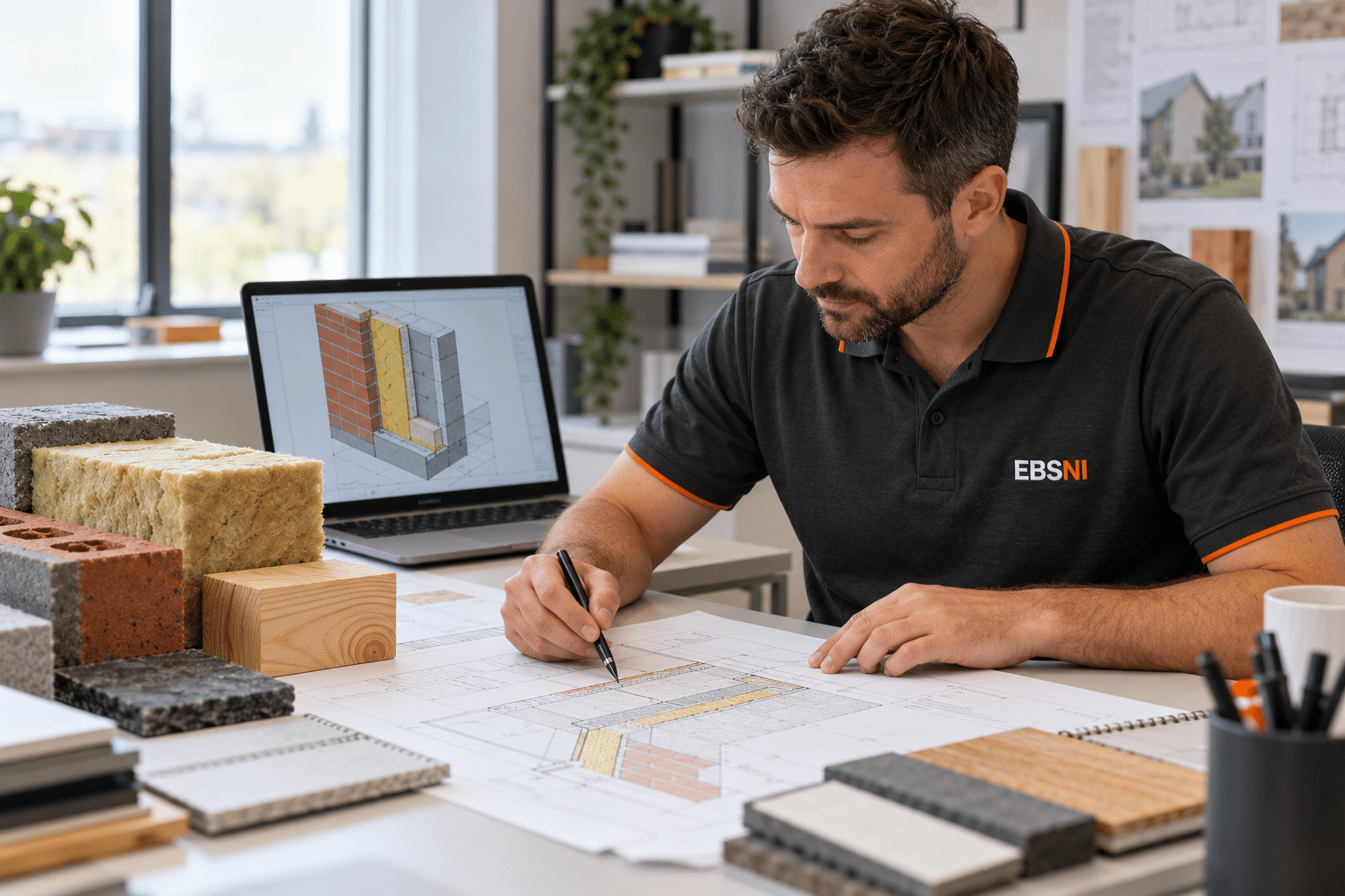 Illustrative EBSNI-branded assessor and architect reviewing construction details and material samples