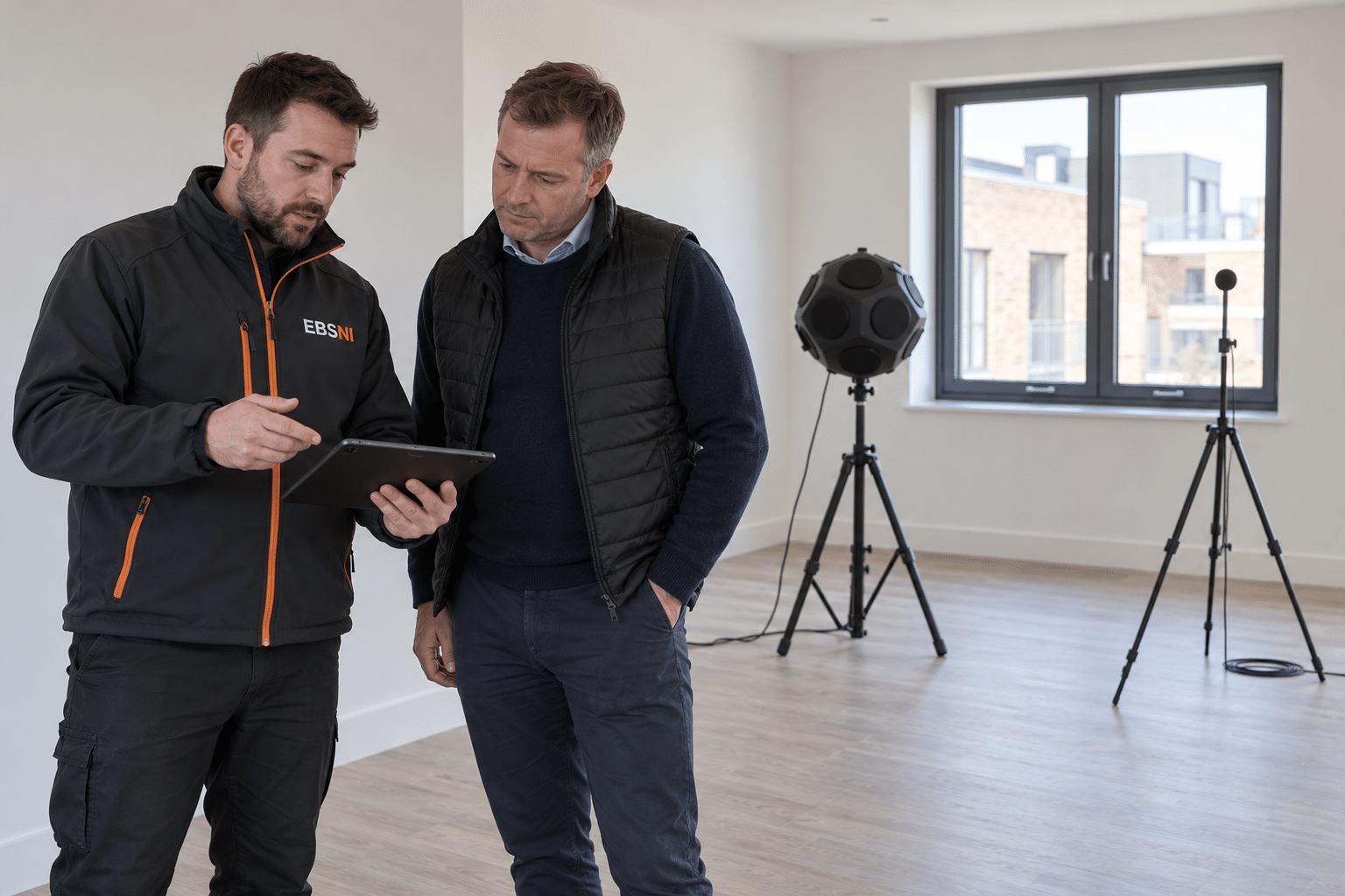 Illustrative EBSNI-branded technician taking sound measurements in a fictional apartment
