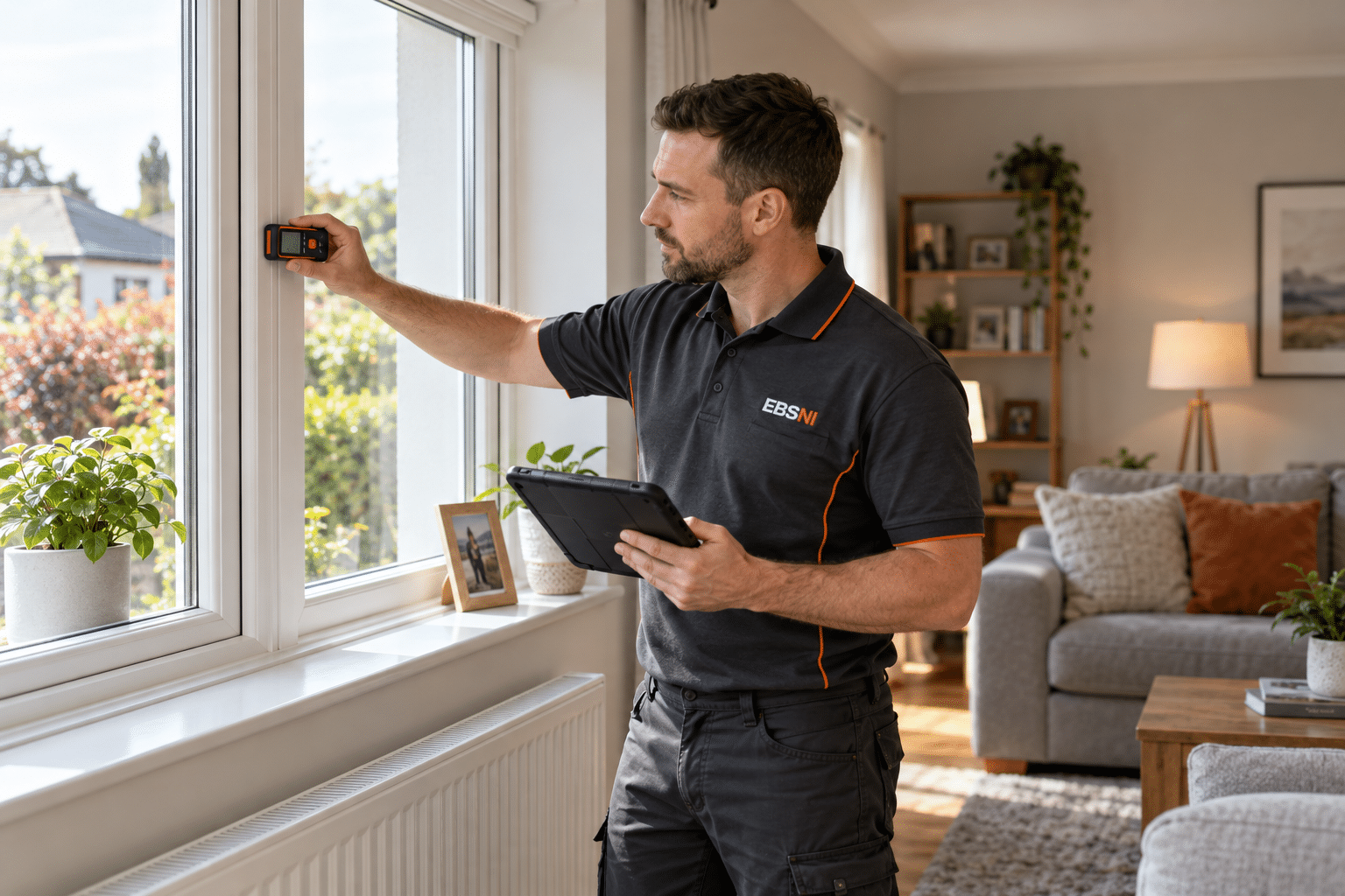 Illustrative EBSNI-branded assessor reviewing a tablet outside a fictional Irish home