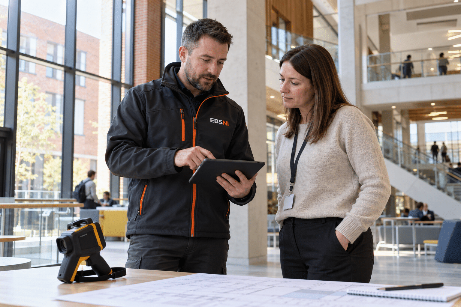 Illustrative EBSNI-branded thermographer inspecting a window junction; generated imagery is not survey evidence