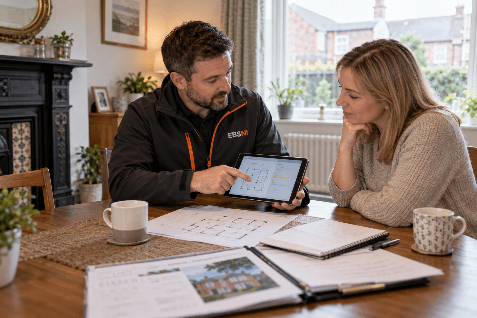 Illustrative EBSNI-branded retrofit assessor examining a window reveal and recording observations on a tablet