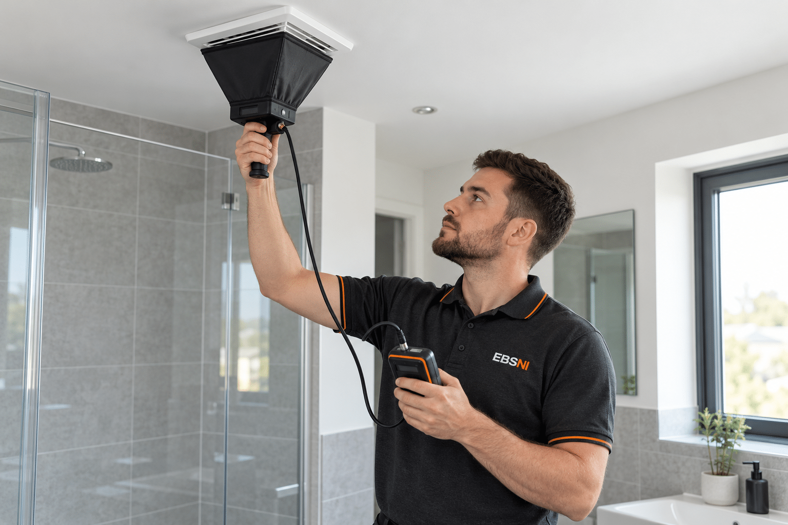Illustrative EBSNI ventilation testing scene; not a photograph of a named client project