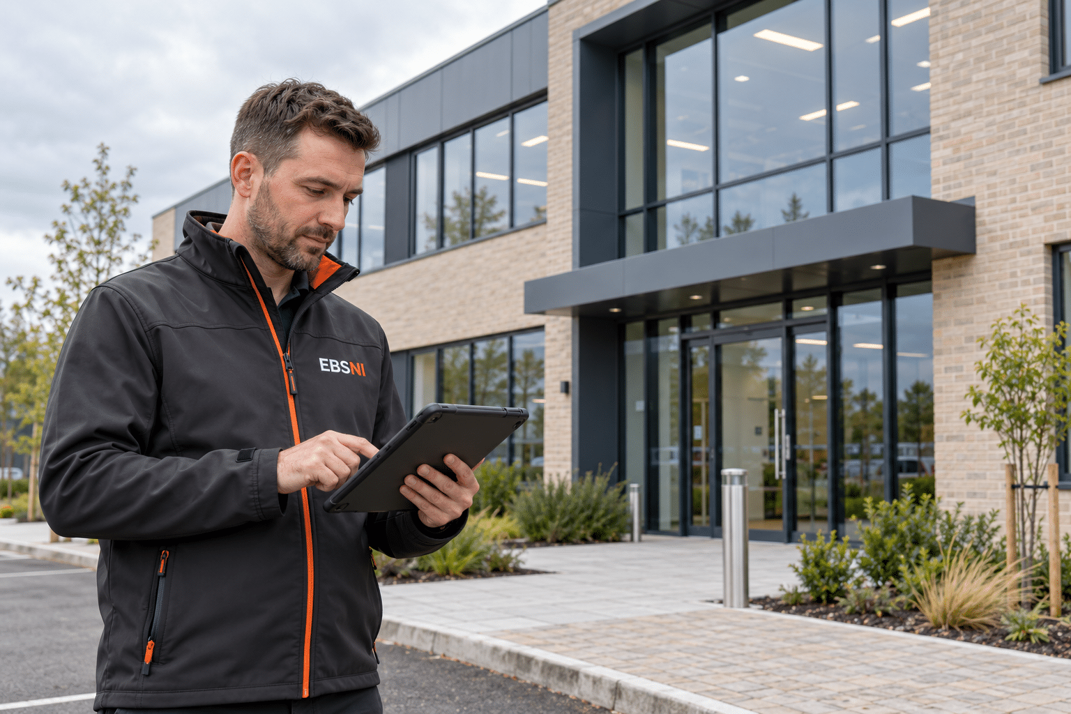 Illustrative EBSNI-branded energy assessor reviewing a tablet beside a commercial office building