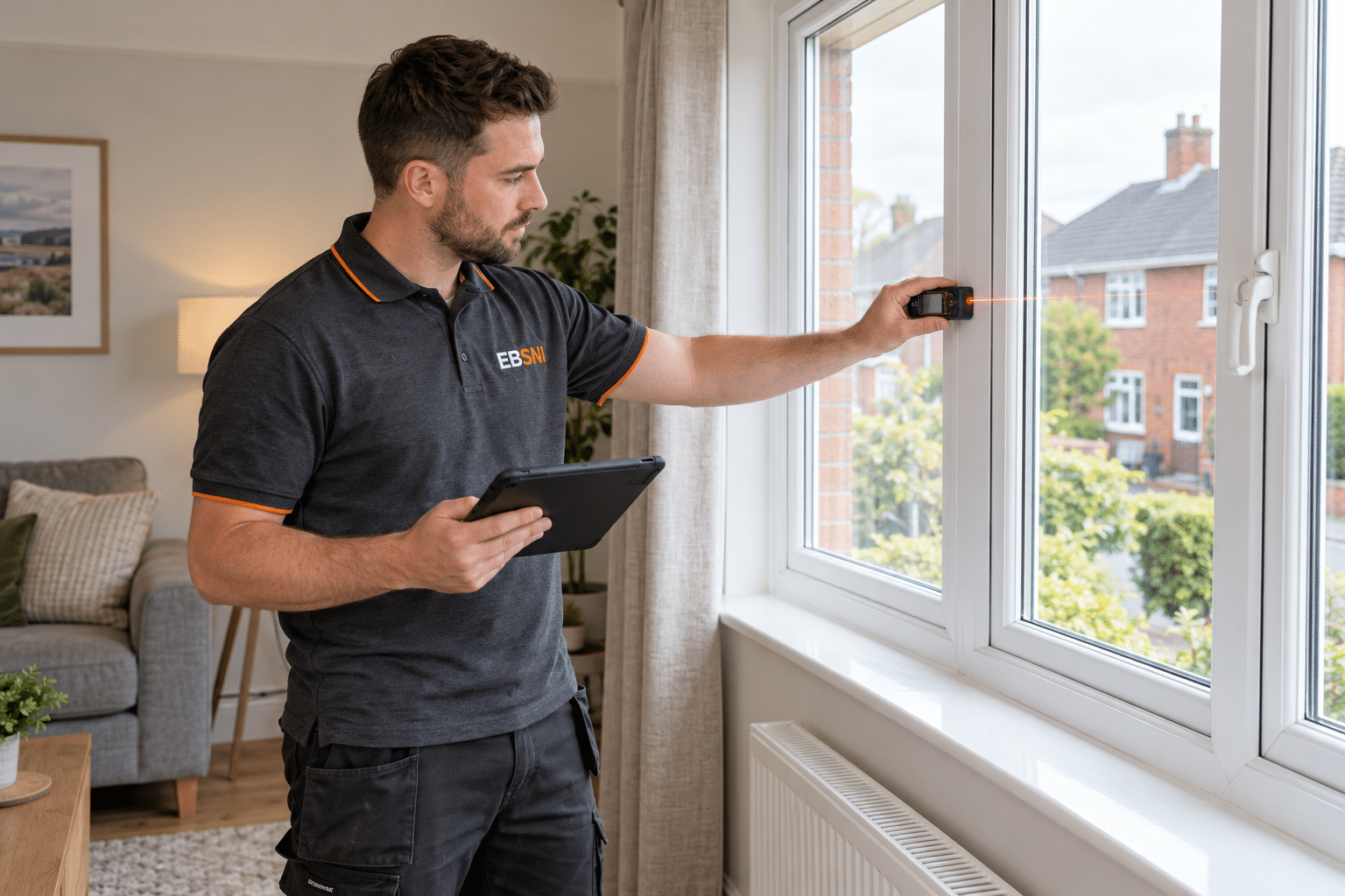 Illustrative EBSNI-branded assessor measuring a window during an existing-home energy survey