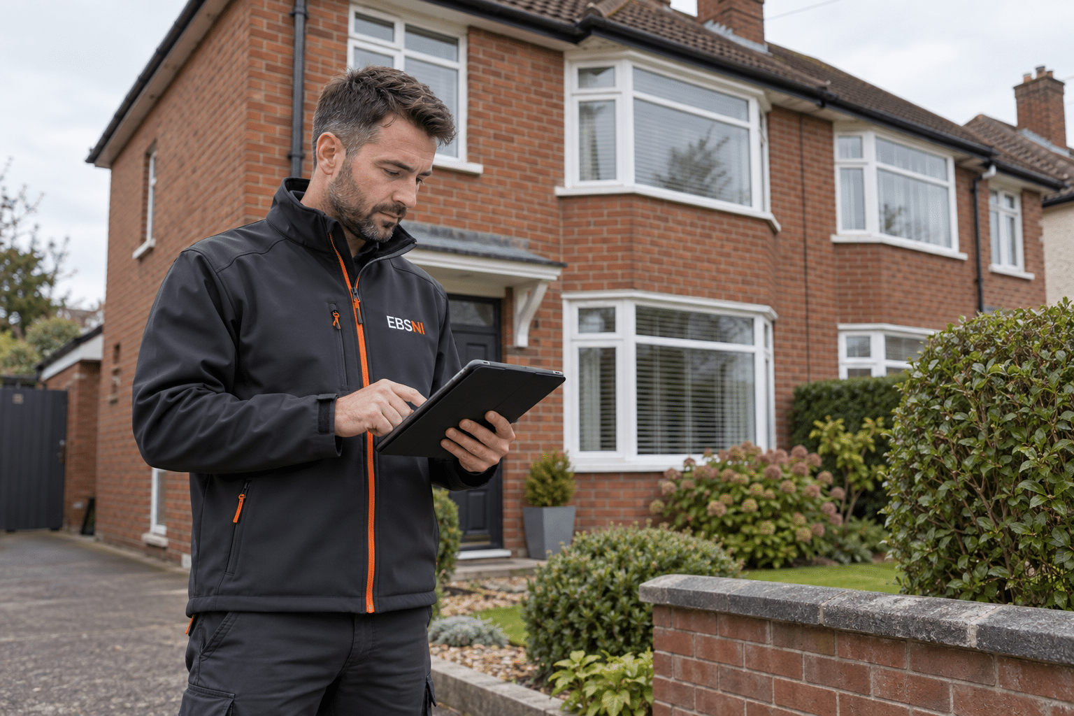 Illustrative EBSNI-branded assessor reviewing survey notes outside an existing home