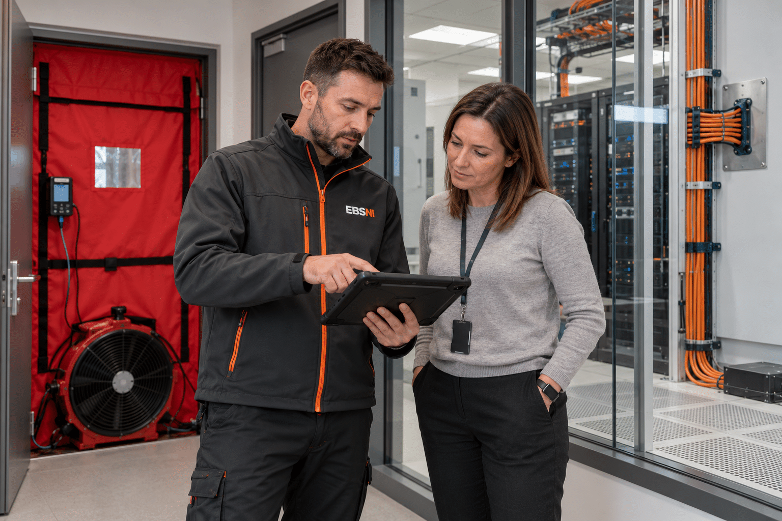 Illustrative EBSNI-branded technician and facilities manager reviewing a fictional server-room enclosure