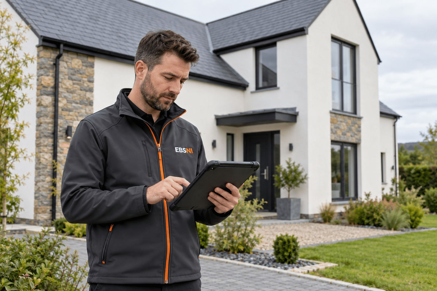 Illustrative EBSNI-branded assessor collecting window dimensions during an Irish home energy survey