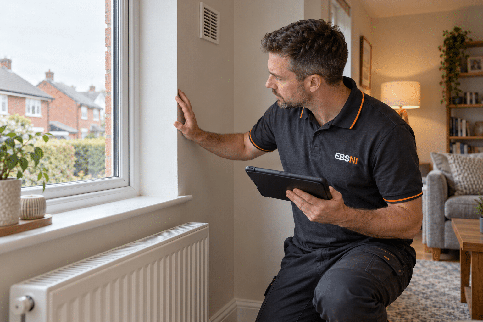 Illustrative EBSNI-branded retrofit assessor discussing dwelling assessment findings with a homeowner