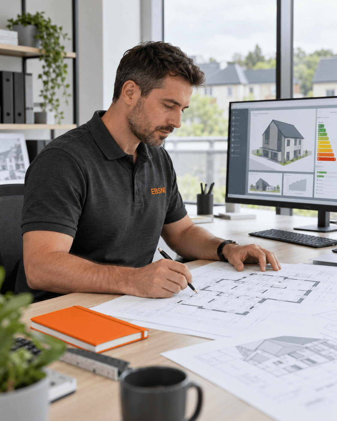 Illustrative EBSNI-branded energy assessor reviewing dwelling plans and an energy model